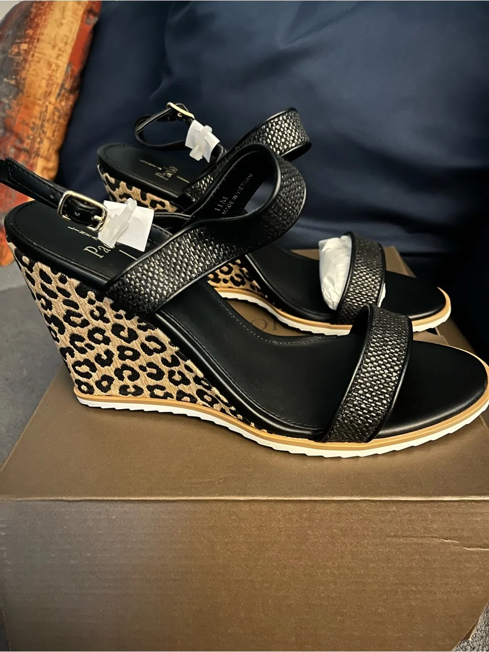 Linea Paolo Edith-L Black Woven Leopard Wedge Sandals Size 11